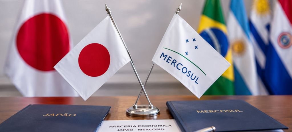 Bandeiras do Japão e do Mercosul em dois mastros sobre uma mesa, ao lado de documentos de parceria econômica com a palavra “JAPÃO” e “MERCOSUL”.