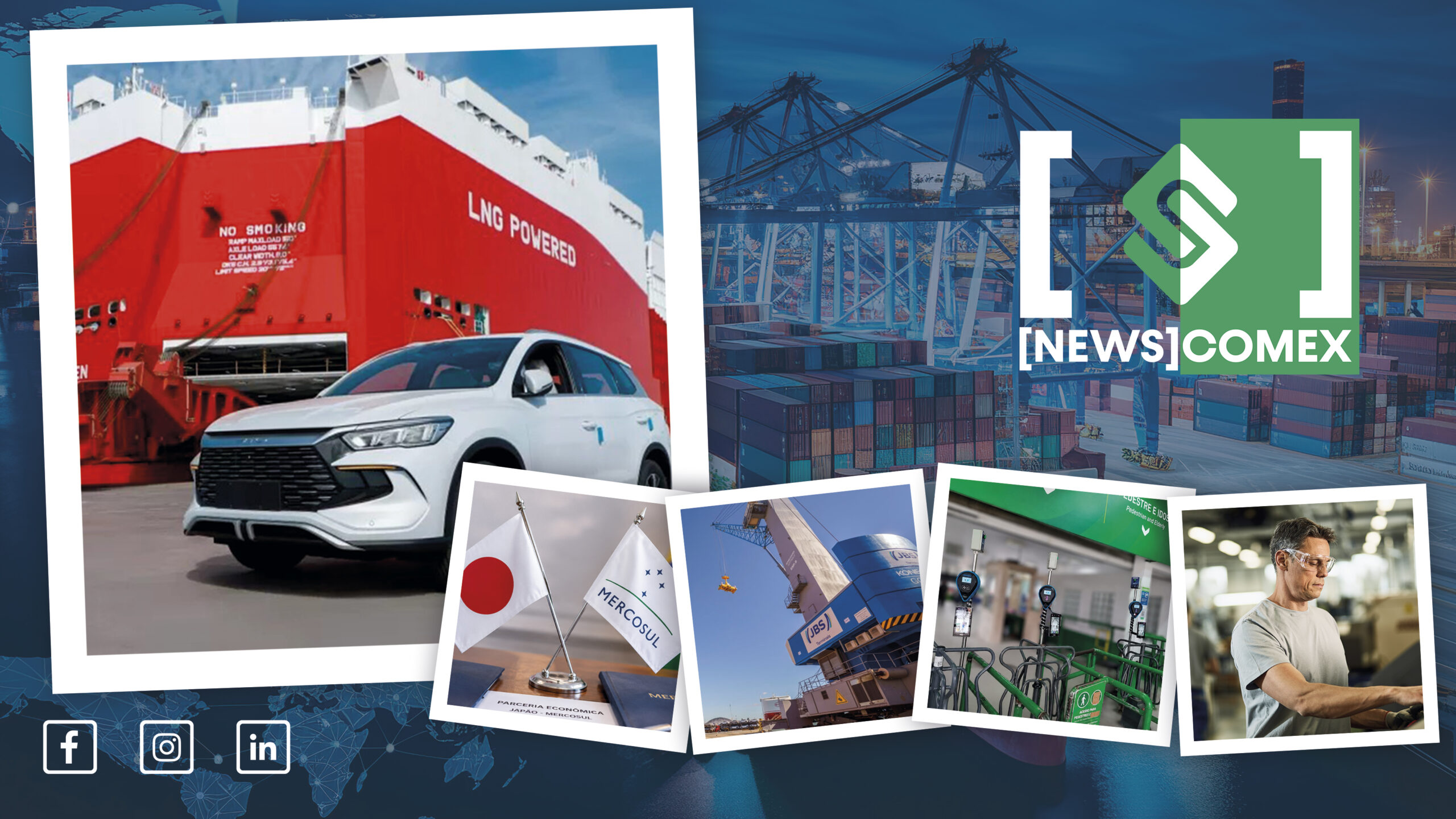 Imagem de capa para Notícias Comex com fotos sobre logística e transporte: navio de carga e contêineres em porto, além de registros de segurança, comércio internacional e transporte marítimo. Inclui ícones de redes sociais e o logotipo NEWSCOMEX.