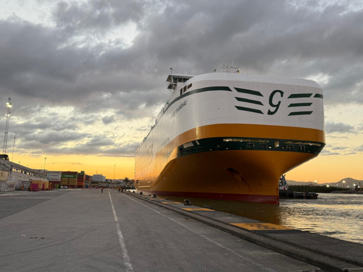 Navio de carga branco ancorado ao lado do cais em porto, com vista da proa e detalhes da pintura verde e amarela ao entardecer, sob céu nublado