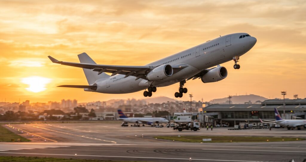 Avião comercial decolando em pista de aeroporto ao pôr do sol, com as luzes do asfalto e a cidade ao fundo, em cenário de viagem e transporte aéreo.