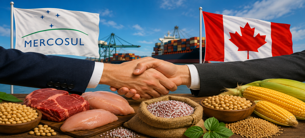Acordo comercial entre Mercosul e Canadá com bandeiras ao fundo e produtos agrícolas e carnes sobre uma mesa, simbolizando cooperação e comércio internacional.