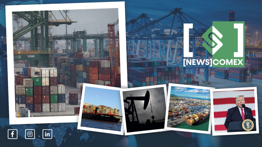Composição do portal NEWS COMEX com imagens de contêineres em pátio, guindaste portuário, navio em alto-mar e barril de petróleo sobre um fundo industrial e comercial.