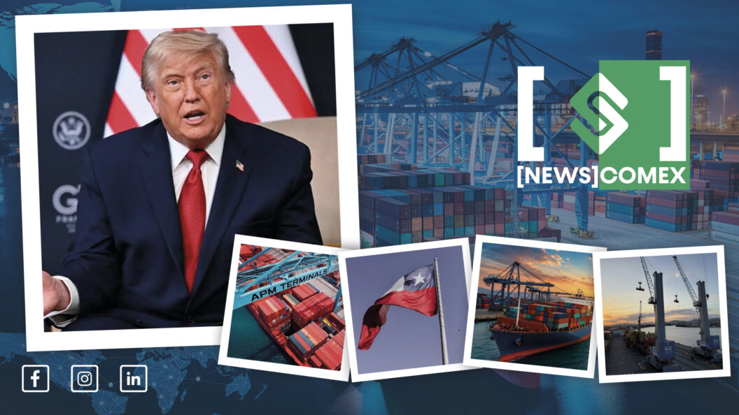 Colagem de notícias com Donald Trump em destaque à esquerda e imagens de um porto com contêineres e guindastes ao fundo, com o logo NEWS COMEX sobreposto