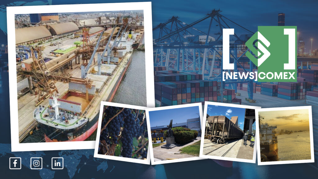 Montagem de imagens com o logo NEWSCOMEX e cenas de operações logísticas e portuárias: porto com navio e guindastes, carregamento de contêineres, área industrial, caminhões e um carregamento ao pôr do sol.