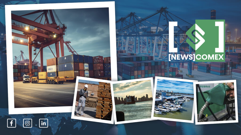Painel de notícias com imagens de logística e comércio exterior: contêineres em um porto, navio e docas ao fundo, trabalhador com carga de madeira e cenas marítimas, com o logo NEWS COMEX.