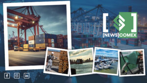 Painel de notícias com imagens de logística e comércio exterior: contêineres em um porto, navio e docas ao fundo, trabalhador com carga de madeira e cenas marítimas, com o logo NEWS COMEX.