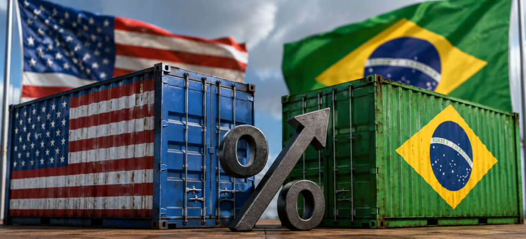 Créditos de contêineres de transporte com as bandeiras dos Estados Unidos e do Brasil ao fundo, com o símbolo de 0 e 0 entre os contêineres, representando comércio internacional e comparação entre países.