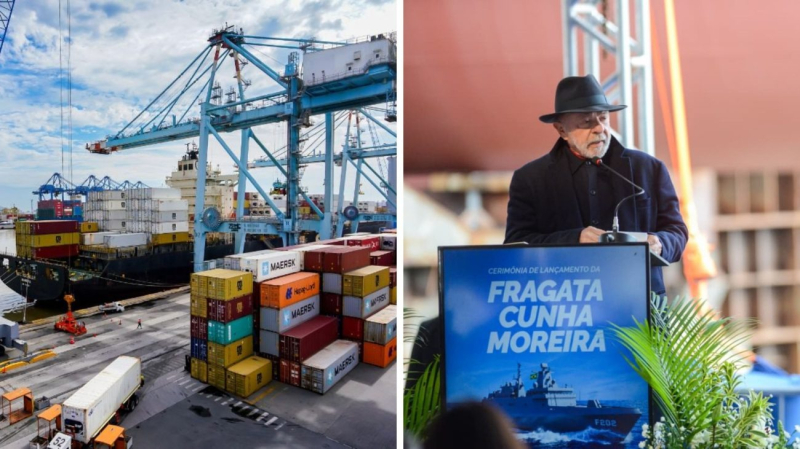 Imagem em duas partes: à esquerda, um navio no porto com contêineres coloridos e guindaste; à direita, um homem com chapéu em evento de lançamento de fragata, com cartaz “Fragata Cunah Moureira”.