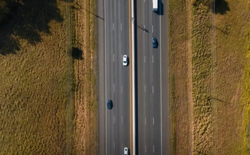 Vista aérea de uma rodovia com duas pistas em meio a plantações e campos verdes, mostrando carros ao longo da estrada retilínea entre as faixas agrícolas.