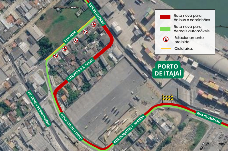 Mapa do trajeto viário em Porto de Itajaí (SC), com rotas de ônibus e automóveis, indicação de estacionamento proibido e cicloxafa, destacando as ruas do percurso.