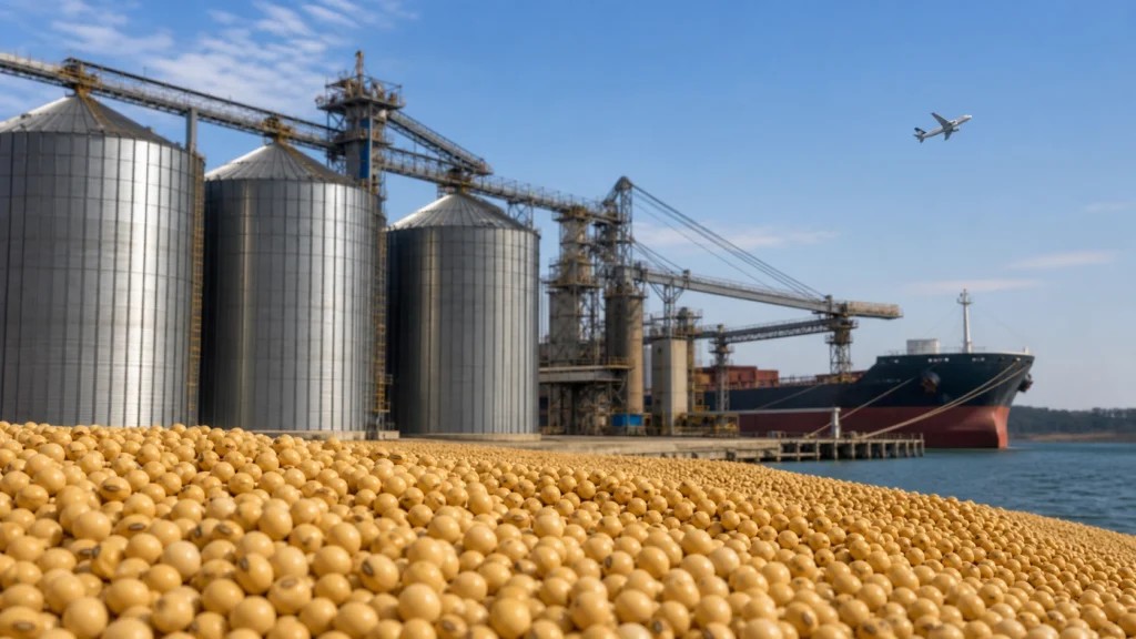 Vista de um grande carregamento de grãos em sacos de armazenagem ao lado de silos industriais e de um navio cargueiro no porto, com céu claro ao fundo.