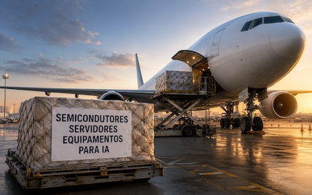 Avião cargueiro no pátio de aeroporto durante o pôr do sol, com caixa de transporte exibindo o texto “SEMICONDUTORES SERVIDORES E EQUIPAMENTOS PARA IA”, pronto para embarque