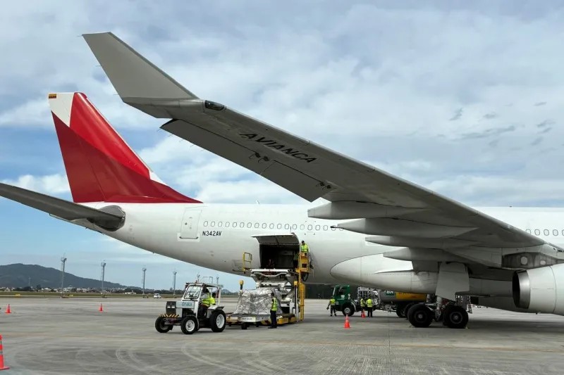 Avião de carga no pátio do aeroporto com aeronave decolando no plano de fundo, equipes de solo trabalhando na área de embarque e bagagens ao lado da pista sob céu nublado