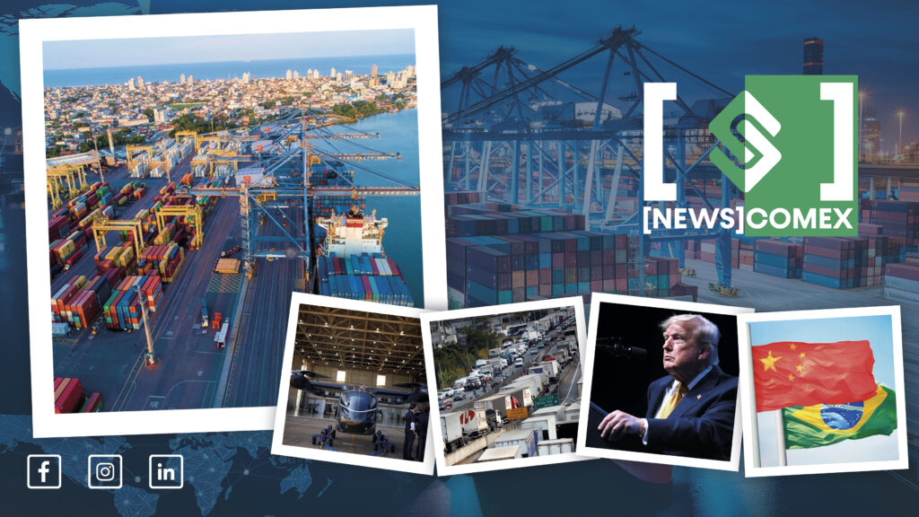 Composição de fotos do setor portuário e de comércio internacional: contêineres e navios em um porto, guindastes e pátio logístico, imagem do armamento/veículos militares e bandeira de São Tomé e Príncipe, com logotipo NEWSCOMEX e ícones de redes sociais.