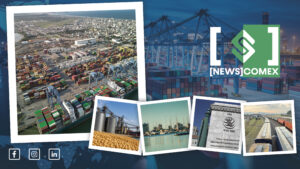Painel com imagens de operações portuárias e logística: navios e guindastes, contêineres em terminal, silos com grãos e documento da ONU, com o selo “NEWSCOMEX”.