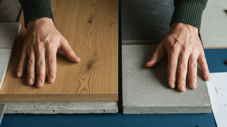 Mãos de uma pessoa ajustando e assentando tábuas de piso laminado sobre base de concreto, alinhando o material e garantindo o encaixe correto durante a instalação