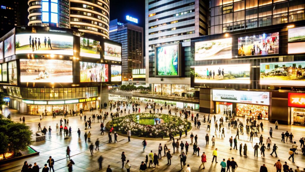 Centro financeiro com grande shopping a céu aberto à noite, fachadas iluminadas, telões de publicidade e muitas pessoas circulando no saguão interno.