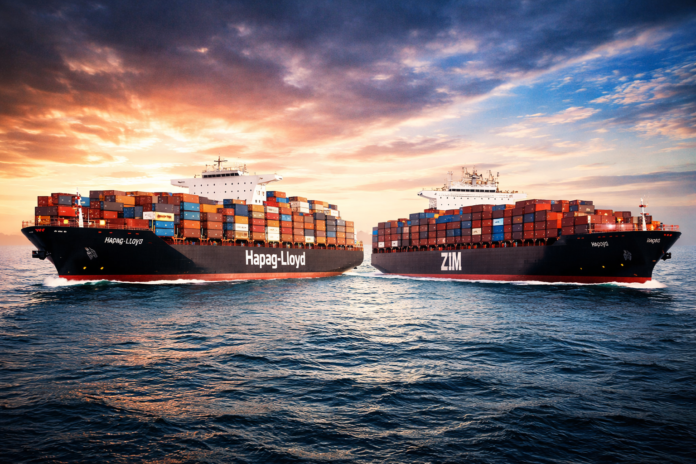 Dois navios porta-contêineres, Hapag-Lloyd e ZIM, navegando lado a lado no mar ao pôr do sol, com pilhas de containers coloridos e céu com nuvens.