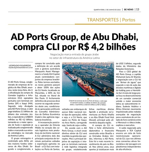 Notícia em jornal sobre a compra da empresa AD Ports Group, de Abu Dhabi, que adquire a CLI por R$ 4,2 bilhões. Texto em português com fotografia de navios no porto.