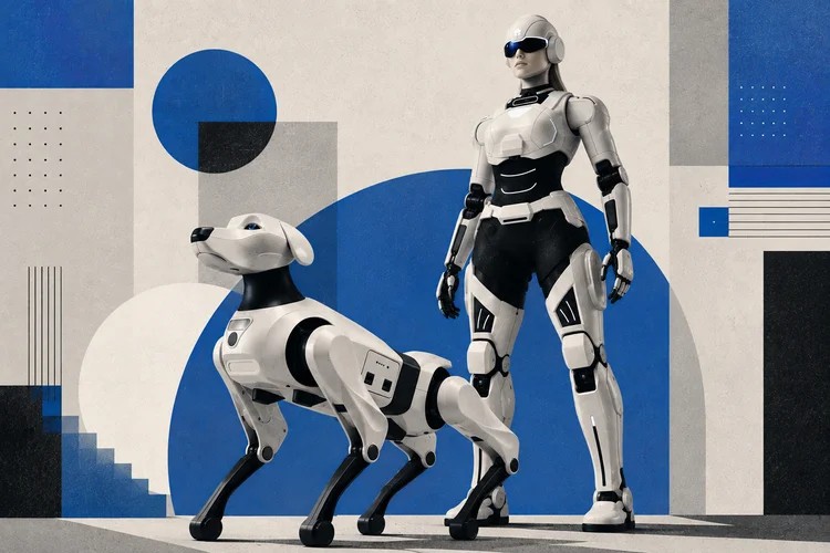 Dois robôs humanóides brancos e pretos em um cenário geométrico azul e cinza, com um robô em pé ao lado de um cão robótico com patas articuladas.