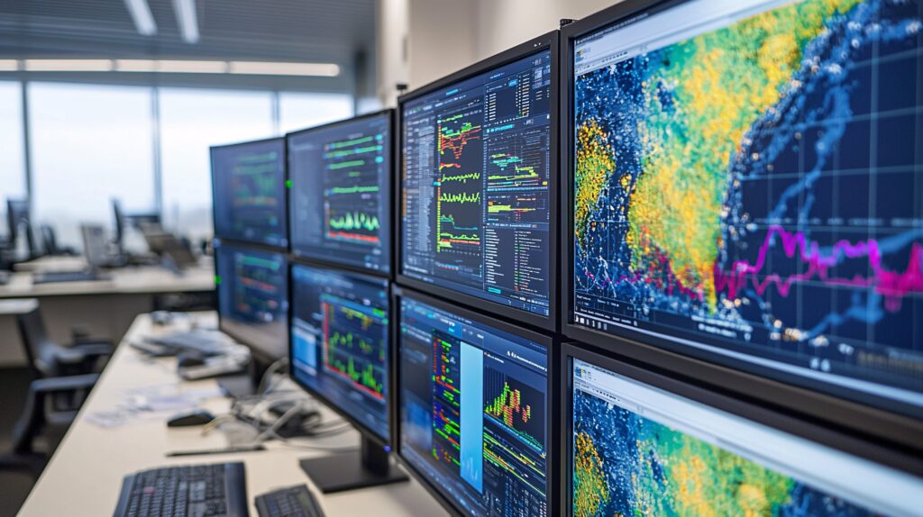 Monitores em um escritório com telas de análise de dados, gráficos e linhas de código, exibindo indicadores financeiros e informações de tecnologia para análise e monitoramento.