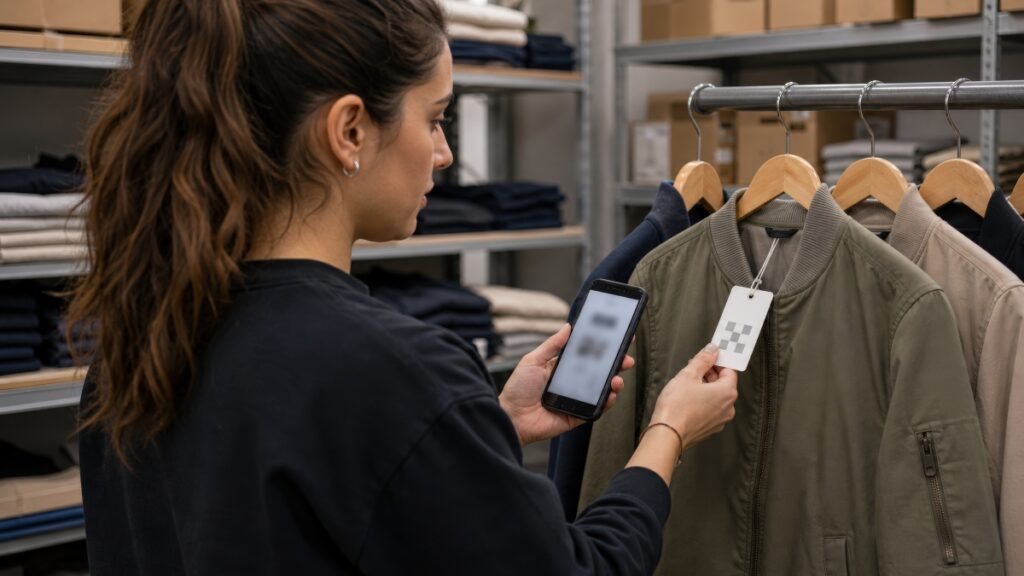 Vendedora em loja de roupas usa celular e valida etiquetas em uma jaqueta verde em cabides, enquanto organiza peças no ambiente comercial.