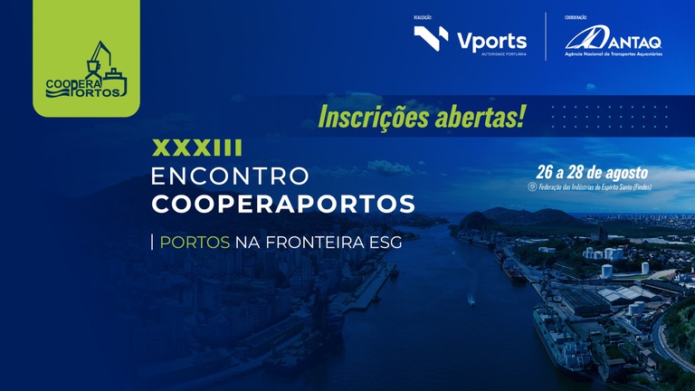 Banner azul e verde do evento XXIII Encontro Cooperaportos, com a inscrição aberta e datas de 26 a 28 de agosto, sobre portos na fronteira e vista aérea do porto.