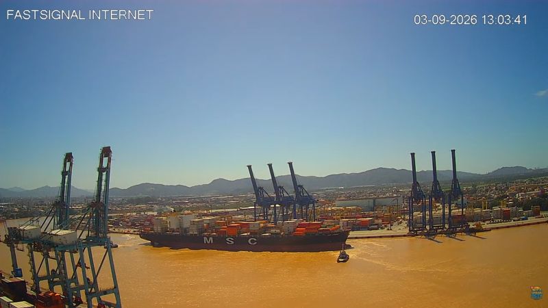Vista aérea do porto com navios de carga e contêineres no cais, guindastes e equipamentos portuários em operação, com céu azul e montanhas ao fundo.