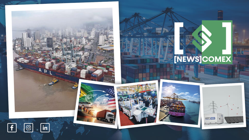 Imagem de capa sobre logística e comércio exterior, com vista de porto, contêineres, guindastes, navios e fotos em destaque com os ícones do site NEWSCOMEX.