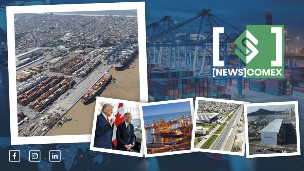 Imagem de capa do portal NEWSCOMEX com fotos do setor de comércio exterior: porto com navios, guindastes de carga, contêineres em terminal e veículos na rodovia urbana.