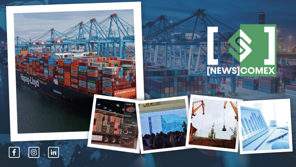 Composição com fotos de um porto com contêineres em navio, guindastes e imagens de logística e indústria, com o logo NEWS COMEX no centro.