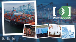Composição com fotos de um porto com contêineres em navio, guindastes e imagens de logística e indústria, com o logo NEWS COMEX no centro.