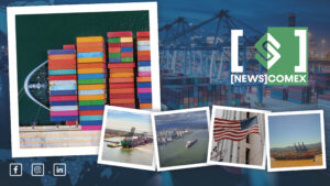Composição com foto de contêineres coloridos empilhados ao lado de imagens do setor portuário e cargas em navios, com fundo de porto e guindastes industriais, e marca NEWSCOMEX no centro.