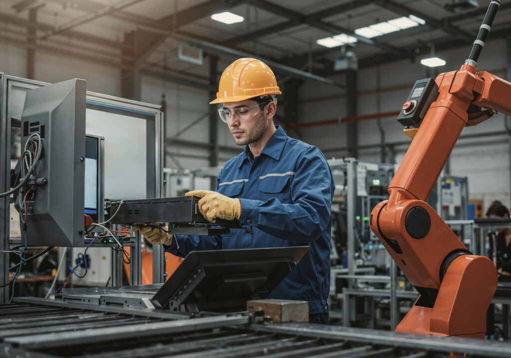 Técnico de capacete e uniforme azul opera uma máquina industrial e faz ajustes em painéis eletrônicos em uma fábrica, com braço robótico ao fundo.