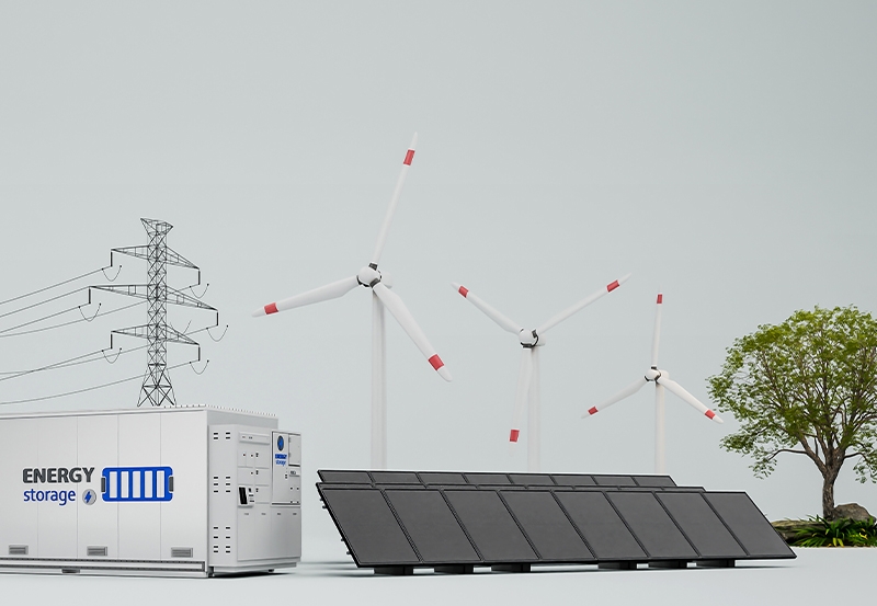 Sistema de energia solar com painéis fotovoltaicos no primeiro plano e turbinas eólicas ao fundo, com uma central de storage ao lado e rede elétrica em estruturas metálicas.