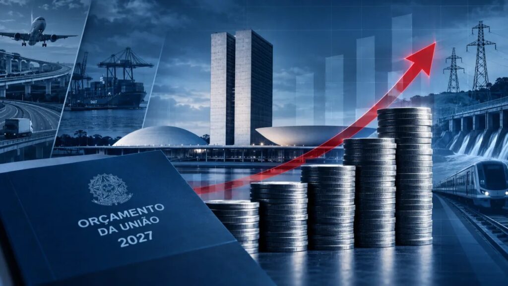 Imagem de fundo corporativo com pilhas de moedas e gráfico de crescimento subindo, ao lado de infraestrutura e obras públicas, no tema orçamento 2027.