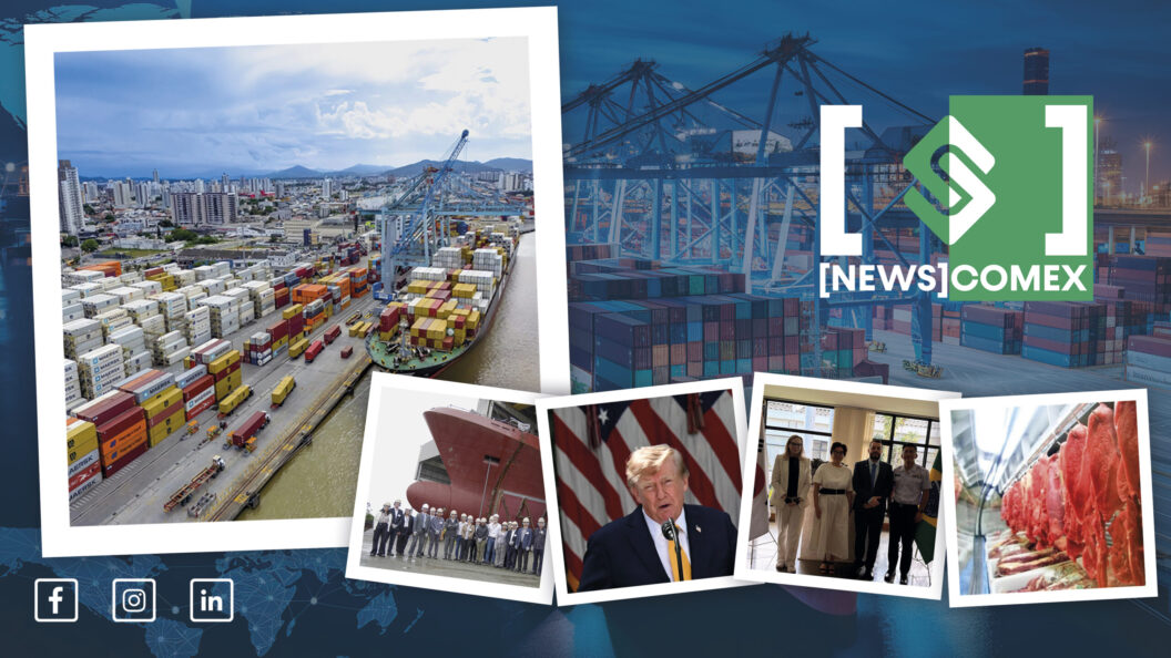 Colagem de notícias com vista de porto e contêineres, imagem aérea com navios e cargas, destaque para prédios e atividades portuárias, além de fotos relacionadas ao setor de comércio exterior e infraestrutura, incluindo o logotipo NEWS COMEX