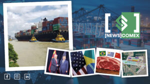 Montagem com imagens de logística e comércio exterior: navio cargueiro no rio, ponte grua de porto com contêineres, encontro entre líderes ao lado de bandeiras e fotos de produtos como carne e área industrial. Texto “NEWSCOMEX”.