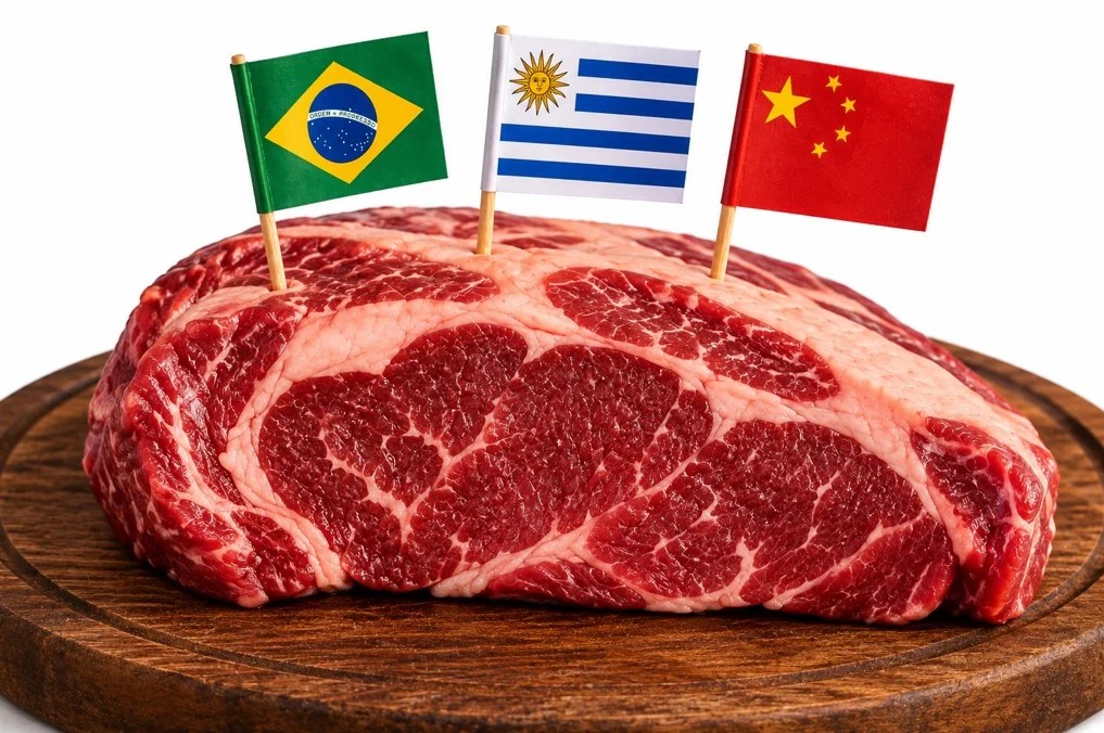 Peça de carne bovina crua em corte, apoiada em tábua de madeira, com três bandeiras ao fundo: Brasil, Argentina e China.