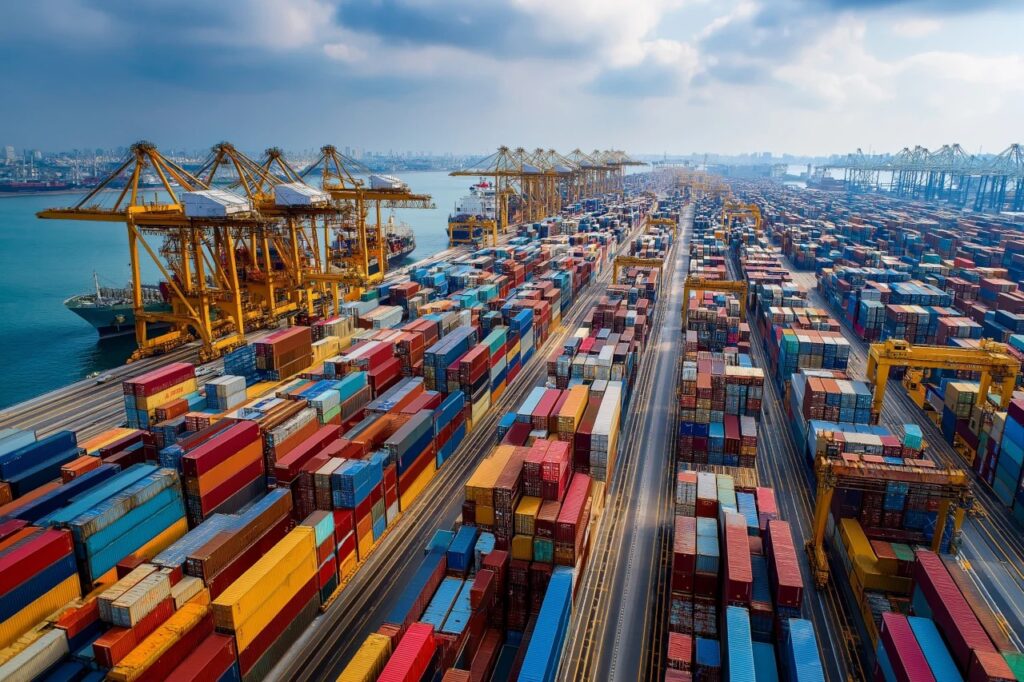 Vista aérea de um porto com contêineres coloridos empilhados em navios e guindastes amarelos ao longo do cais, mostrando a movimentação logística e o tráfego de cargas.