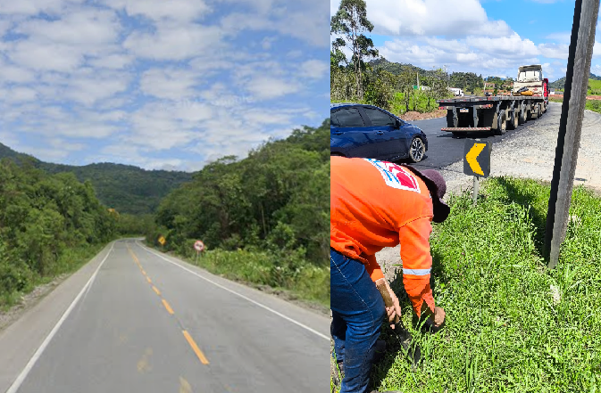 Estrada rural com paisagem de montanhas e vegetação, vista de caminho em asfalto; à direita, equipe em uniforme laranja realiza trabalho em trecho de via próximo à vegetação e a um caminhão de serviços.