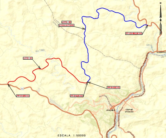 Mapa rodoviário com rotas e trechos em azul e vermelho, com legendas de identificação dos lotes e distâncias indicadas, incluindo um ponto de referência e escala ao rodapé.