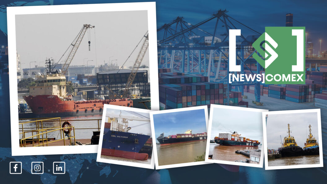 Imagem de capa de notícias com fotos de navios e porto, guindastes e containers ao fundo, com o logotipo “NEWSCOMEX” sobreposto.